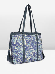 PRIMROSE Canvas Tote Bag with Paisley Print, Navy Blue and White Pattern, Dark Trim