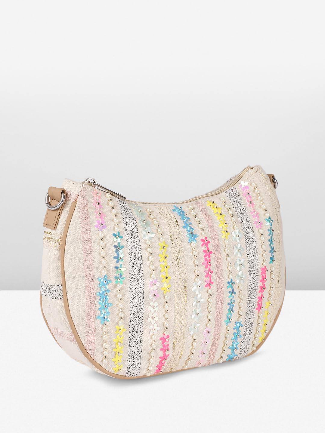 Ladies Floral Crossbody Bag, Beige Canvas with Pastel Embellishments, Studded Stripes Design