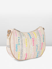 Ladies Floral Crossbody Bag, Beige Canvas with Pastel Embellishments, Studded Stripes Design