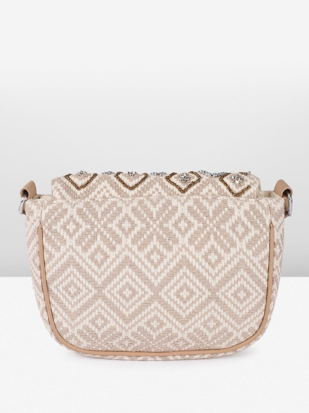 PRIMROSE Bohemian Crossbody Handbag with Crystal Embellishments, Woven Pattern, Cream Tassels, Tan Polyurethane Strap