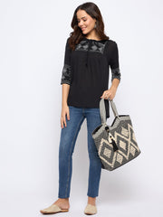 PRIMROSE Woven Crochet Tote Bag with Tassel and Bead Accents, Black and Beige