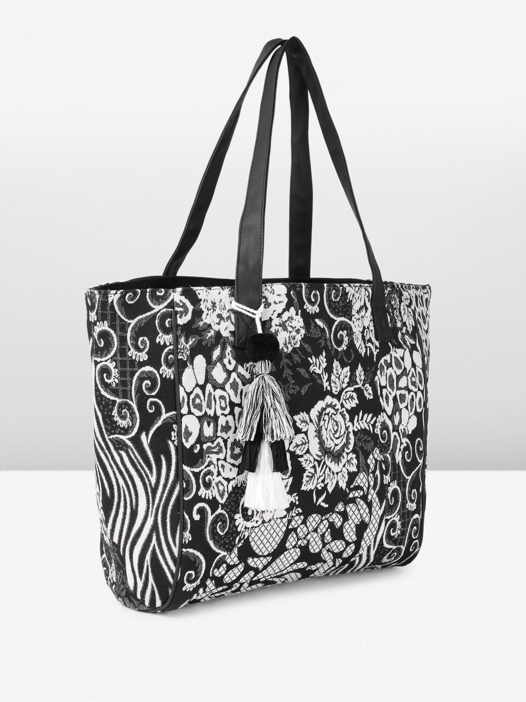 PRIMROSE Floral Print Tote Bag with Tassels, Black and White Pattern, Double Handles