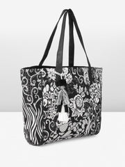 PRIMROSE Floral Print Tote Bag with Tassels, Black and White Pattern, Double Handles