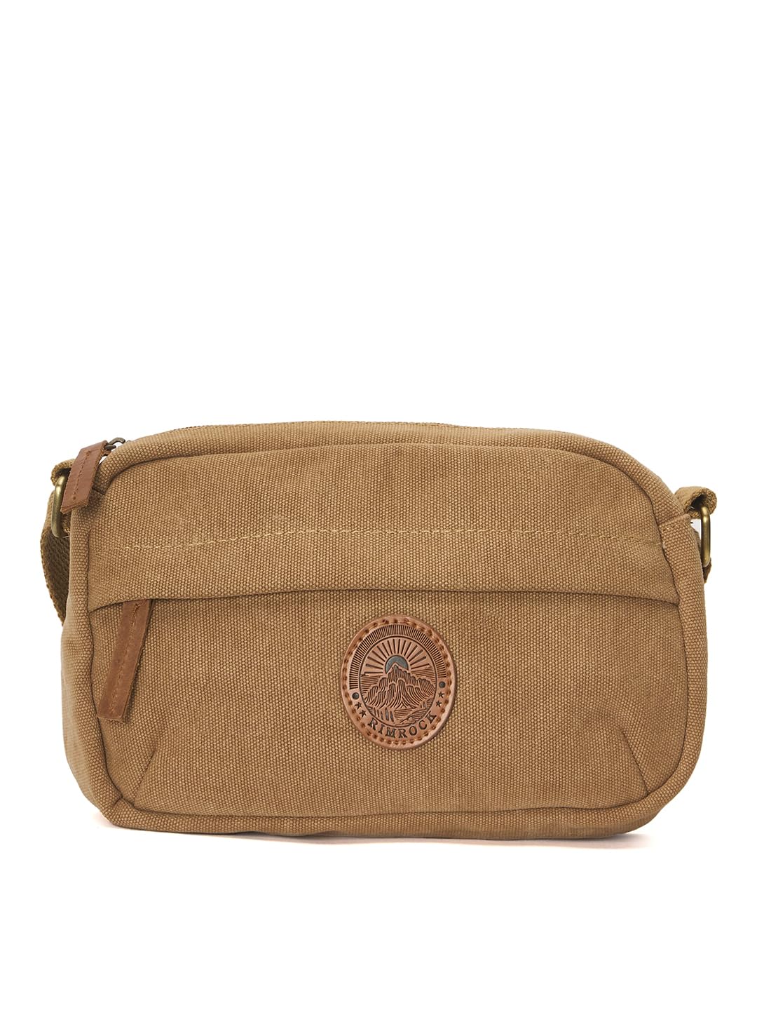 Rimrock Canvas Utility Messenger Bag with Leather Trim, Mountain Logo Patch, Khaki Brown