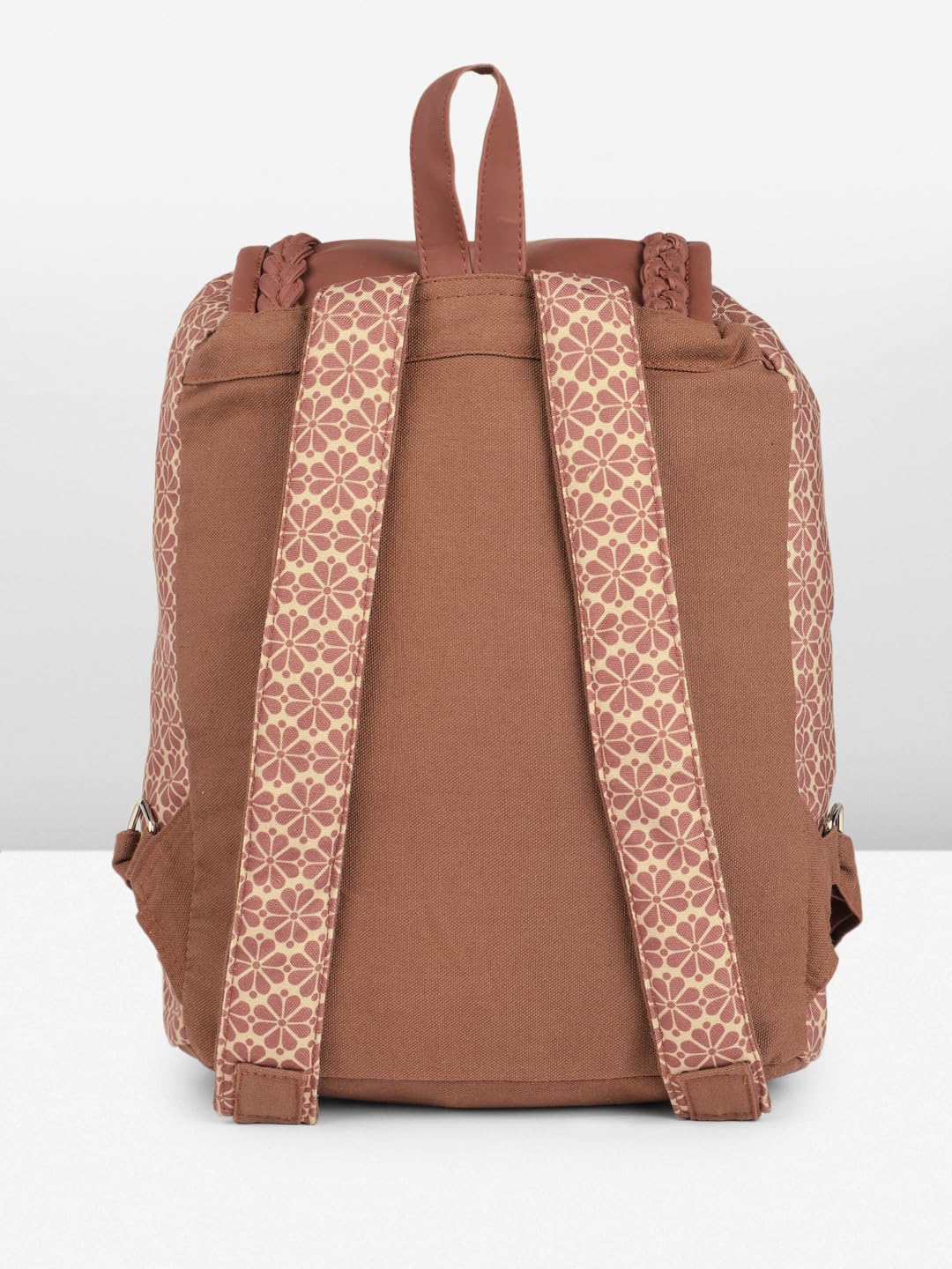 PRIMROSE Floral Pattern Canvas Backpack, Braided Trim, Dual Front Pockets, Pink-Brown