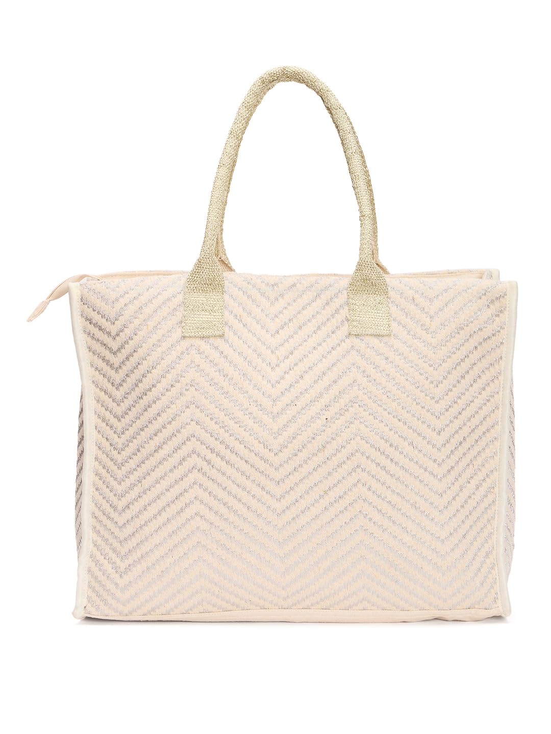 RIMROCK Canvas Tote Bag with Chevron Pattern, Beige and Silver, Double Handle, Large Size