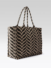 PRIMROSE Fashion Canvas Tote Bag, Black and Beige Chevron Pattern, Large Shoulder Handbag