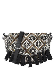 PRIMROSE Geometric Jacquard Cotton Sling Bag, Beige with Black Tassels, 15 x 22 x 5 cm, Boho Style