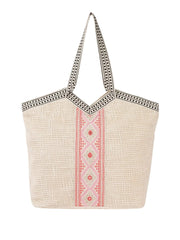 PRIMROSE Woven Beach Tote Bag, Natural Cream with Pink Embroidery, Black Striped Handles