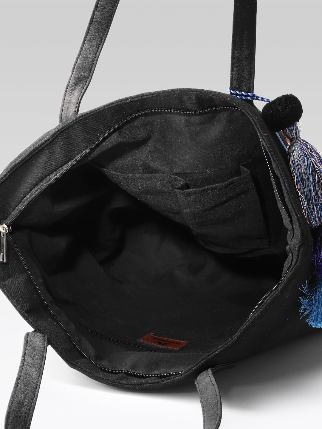 PRIMROSE Embroidered Floral Tote Bag with Tassel, Black Canvas with Blue and Coral Design, Large Shoulder Bag