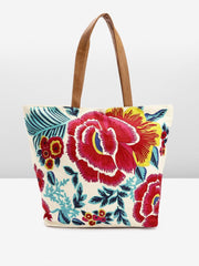 PRIMROSE Floral Embroidered Canvas Tote Bag with PU Handles, Beige