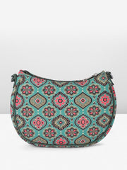 PRIMROSE Floral Pattern Crossbody Handbag, Turquoise with Pink Medallion Print, Adjustable Strap
