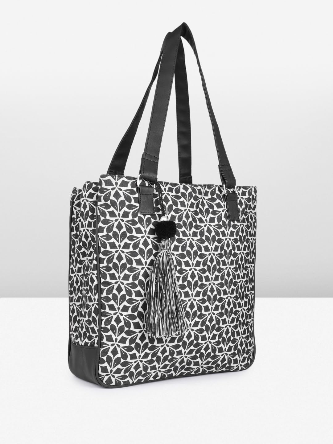 PRIMROSE Floral Pattern Tote Bag with Tassel, Black and White, Double Handle