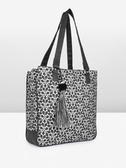 PRIMROSE Floral Pattern Tote Bag with Tassel, Black and White, Double Handle