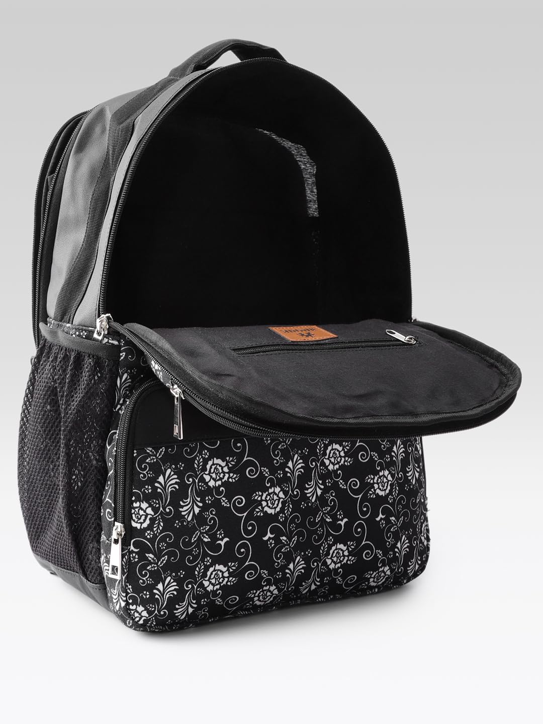 PRIMROSE Floral Pattern Backpack with Multiple Compartments, Black and White Design