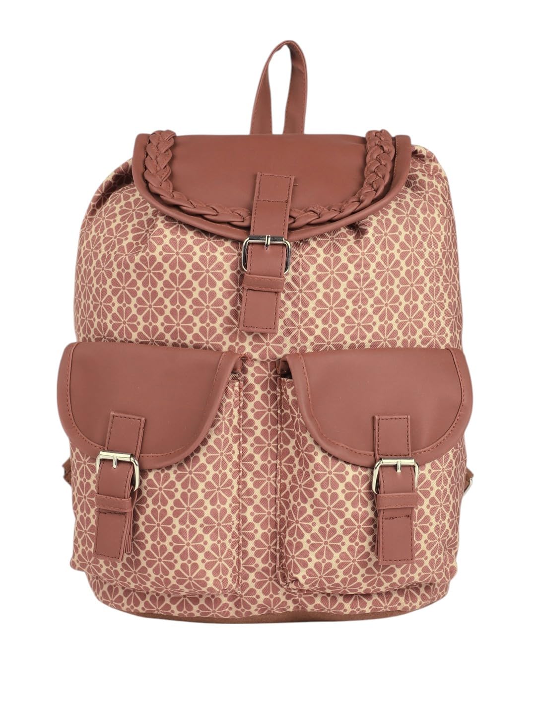 PRIMROSE Floral Pattern Canvas Backpack, Braided Trim, Dual Front Pockets, Pink-Brown