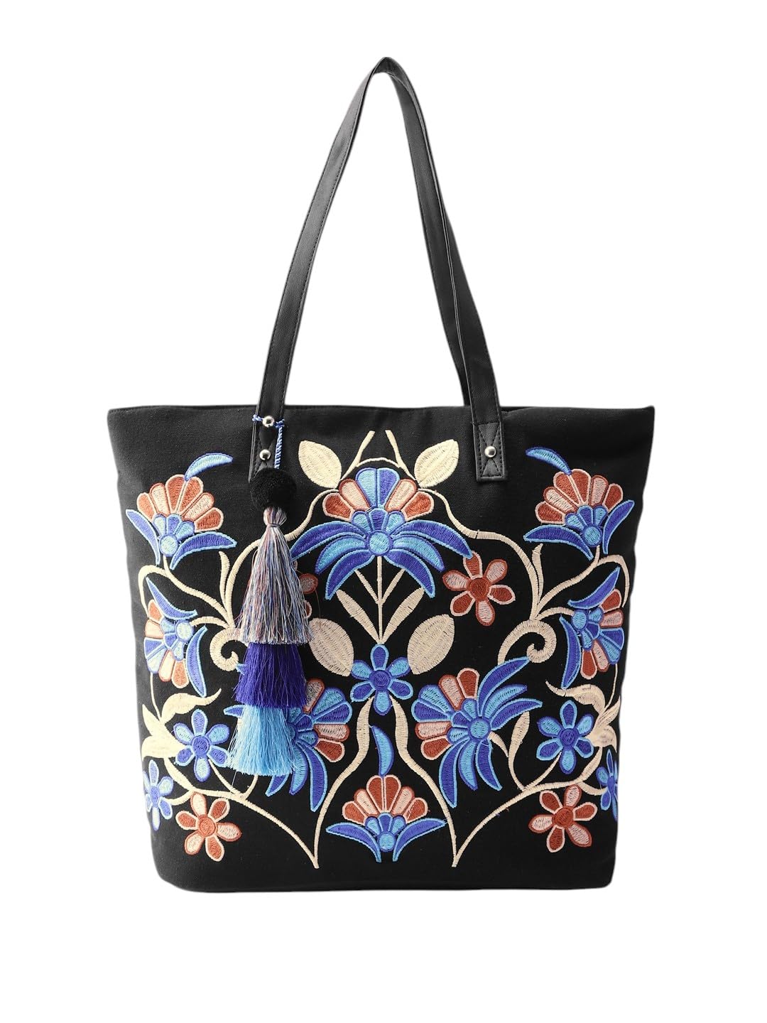 PRIMROSE Embroidered Floral Tote Bag with Tassel, Black Canvas with Blue and Coral Design, Large Shoulder Bag