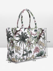 PRIMROSE Cotton Canvas Tropical Print Tote Bag with Palm Trees and Wildlife