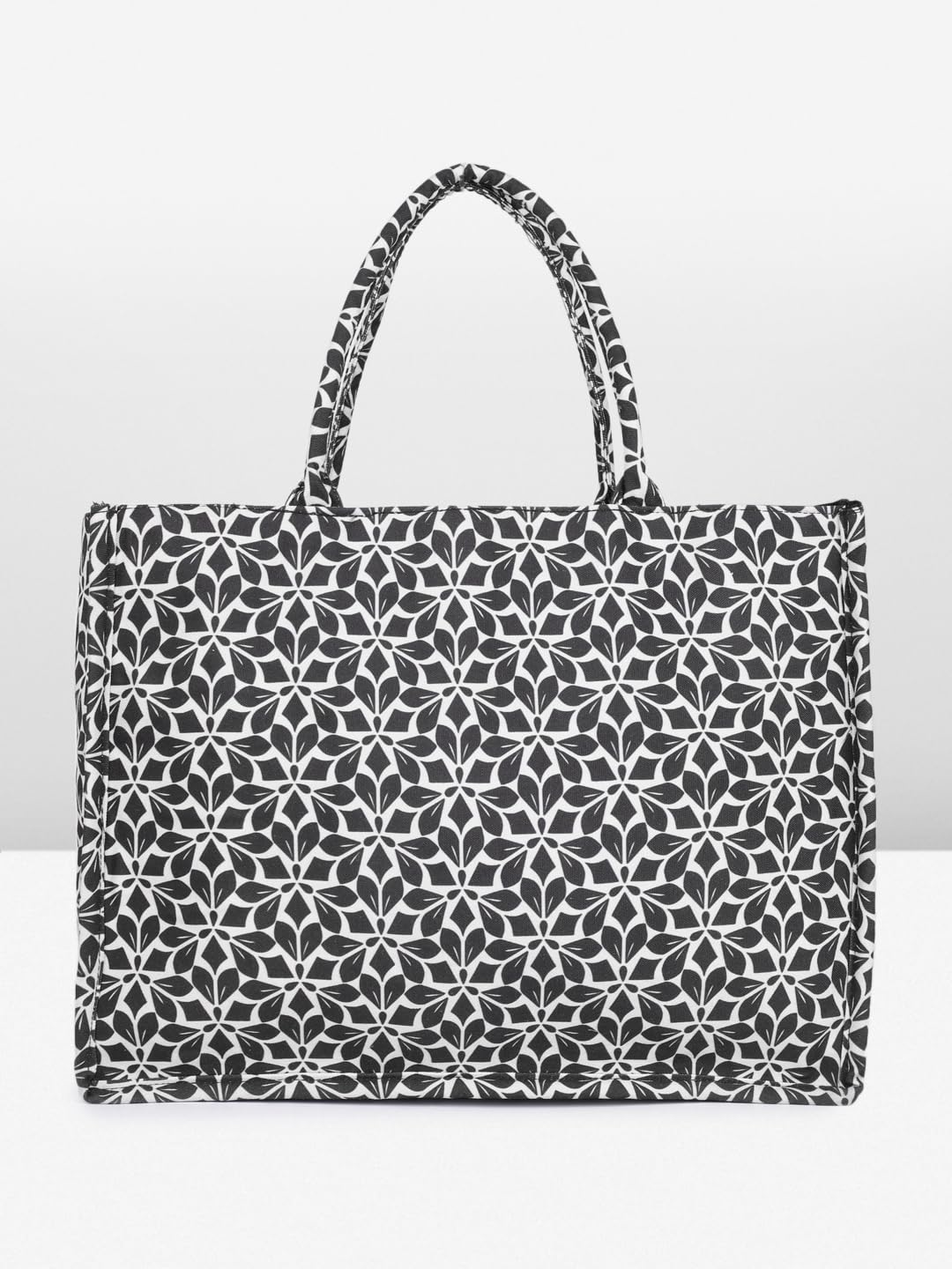 PRIMROSE Floral Pattern Canvas Tote Bag, Black and White Geometric Design, Large Shoulder Handbag