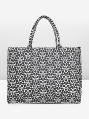 PRIMROSE Floral Pattern Canvas Tote Bag, Black and White Geometric Design, Large Shoulder Handbag