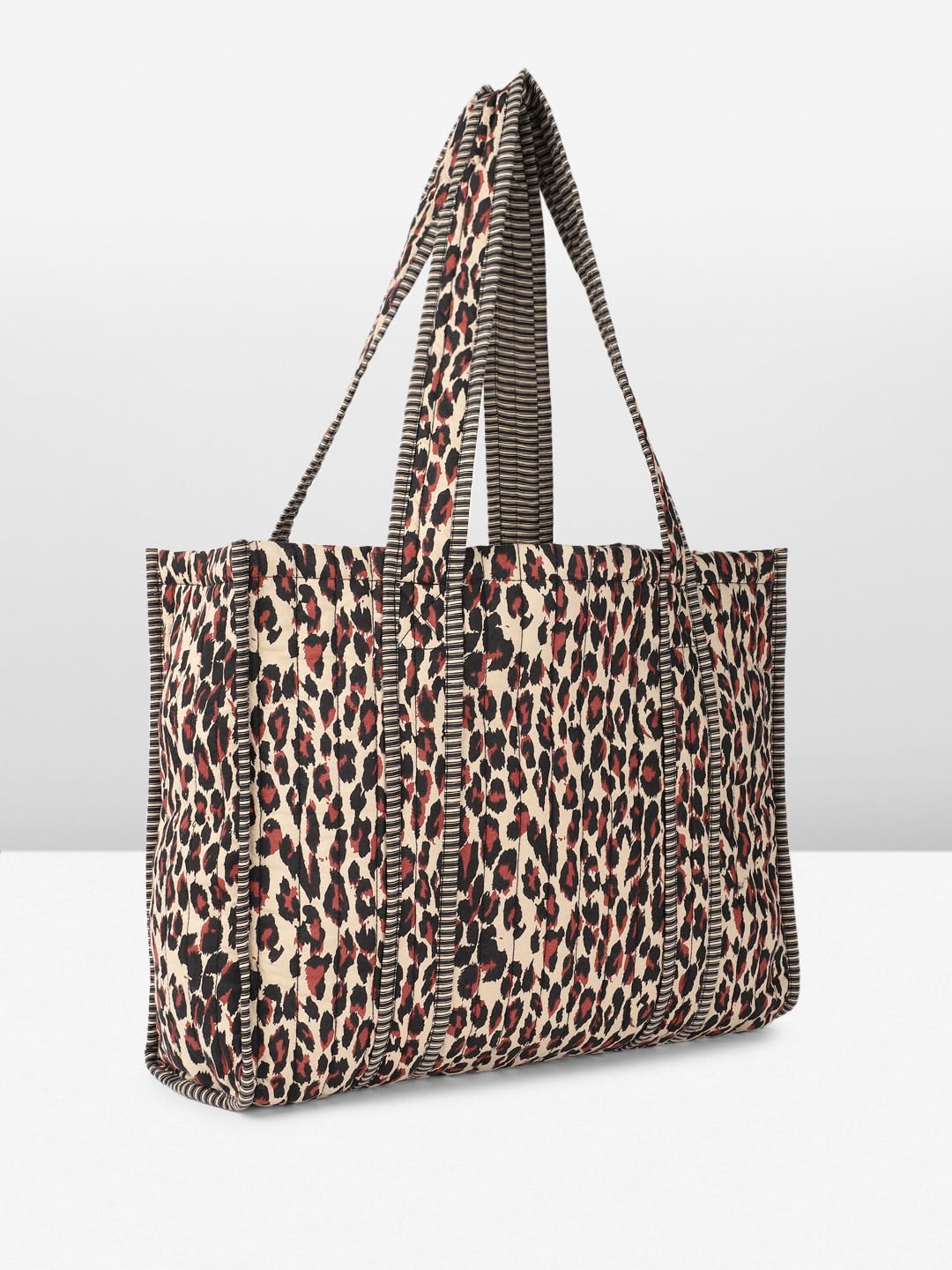 PRIMROSE Large Canvas Tote Bag, Leopard Print Pattern with Striped Trim, Shopping Shoulder Bag