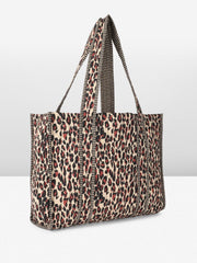 PRIMROSE Large Canvas Tote Bag, Leopard Print Pattern with Striped Trim, Shopping Shoulder Bag