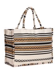 RIMROCK Boho Canvas Tote Bag, Geometric Tribal Pattern, Black White and Tan Stripes