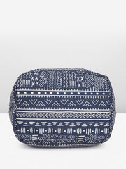 PRIMROSE Printed Tote Bag with Tassel Accent Navy Blue and White Tribal Pattern