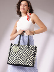 PRIMROSE Checkered Tote Bag with Decorative Heart Charm, Black and White Pattern, Large Shopping Handbag