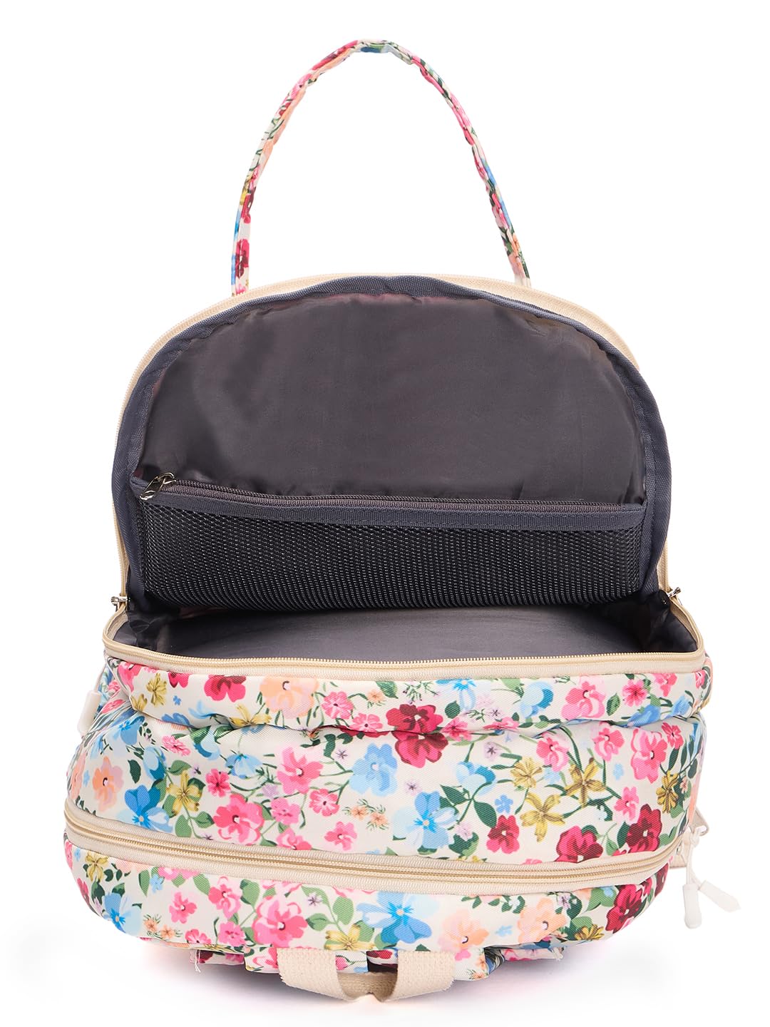 RIMROCK Floral Print Backpack, Multi-Pocket Design, Pink Blue Yellow Pattern, White Base