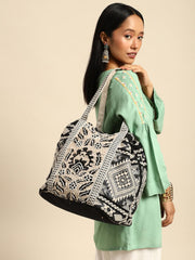 PRIMROSE Floral Pattern Canvas Tote Bag, Beige and Black, Geometric Print Straps
