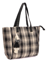 RIMROCK Large Plaid Tote Bag with Tassel Charm, Black and Beige Woven Pattern, Cotton Canvas