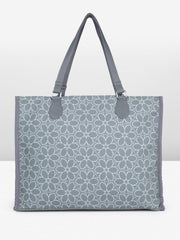 PRIMROSE Floral Pattern Canvas Tote Bag, Grey with White Design, Double Handle, Shopping Handbag