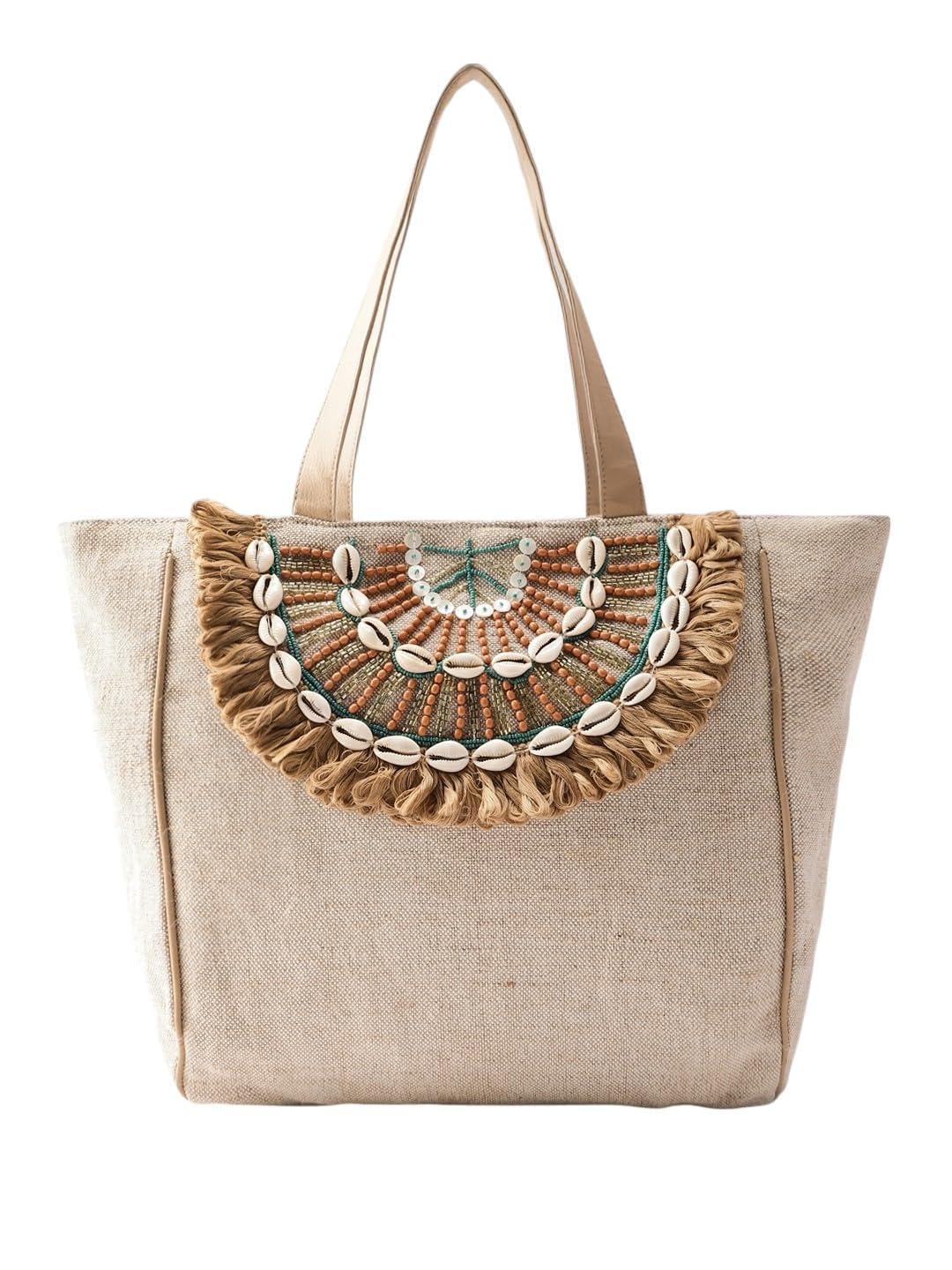 PRIMROSE Boho Beach Tote Bag, Canvas with Shell Embellishments, Fringe Detail, Natural Beige
