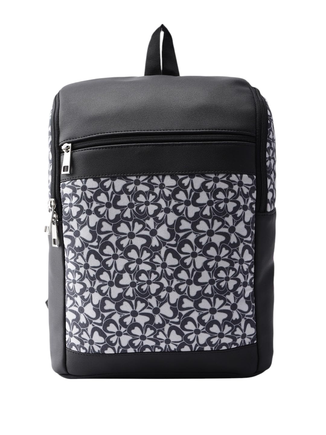 PRIMROSE Floral Pattern Backpack, Black and Grey, Multiple Zipper Compartments, Fashion Daypack