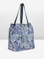 PRIMROSE Paisley Print Tote Bag with Tassel, Navy Blue and Light Blue Pattern, Long Shoulder Straps