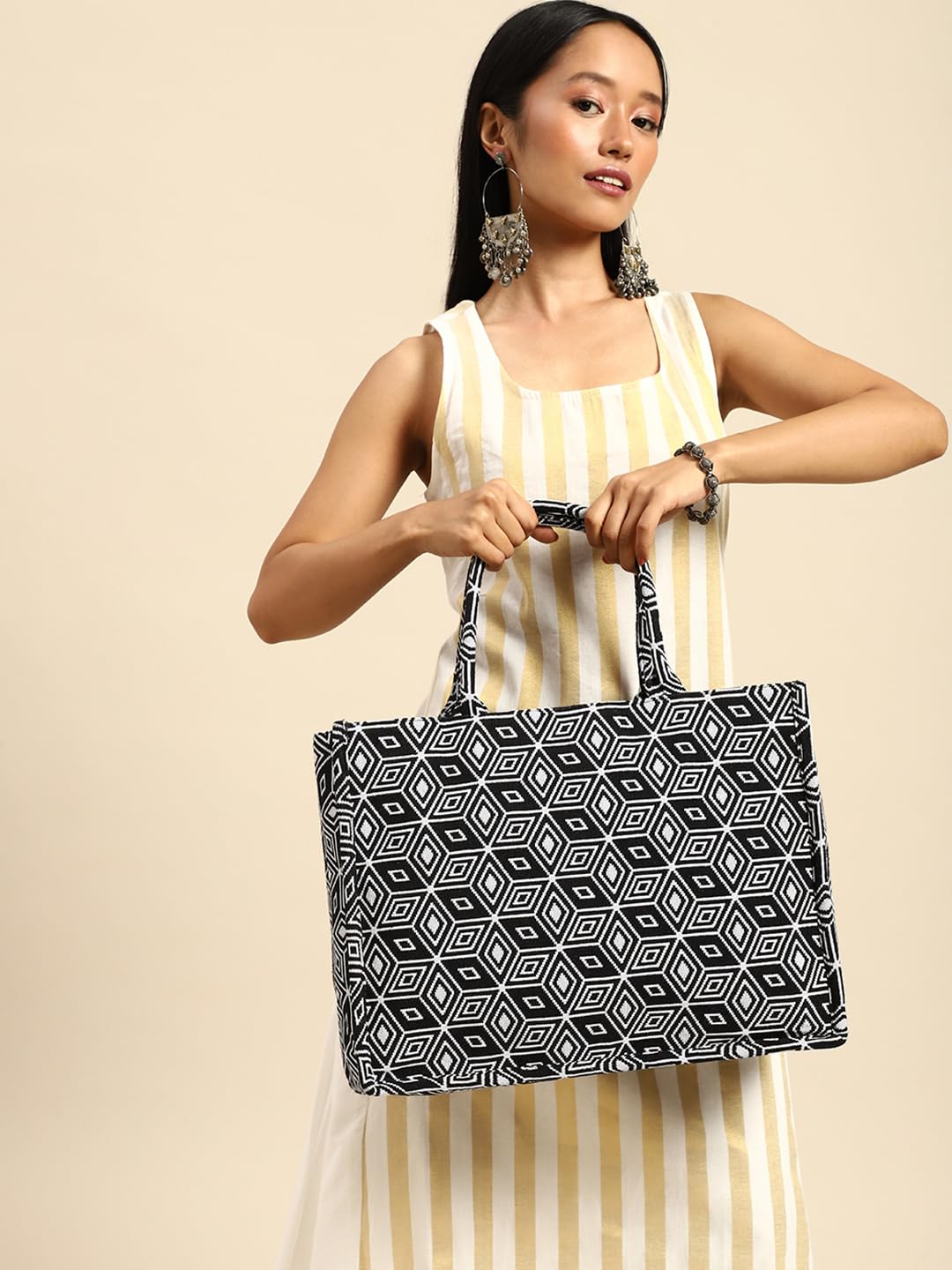 PRIMROSE Geometric Pattern Canvas Tote Bag, Black and White Design, Large Shoulder Handles