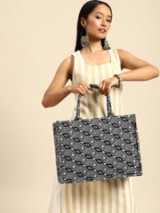 PRIMROSE Geometric Pattern Canvas Tote Bag, Black and White Design, Large Shoulder Handles