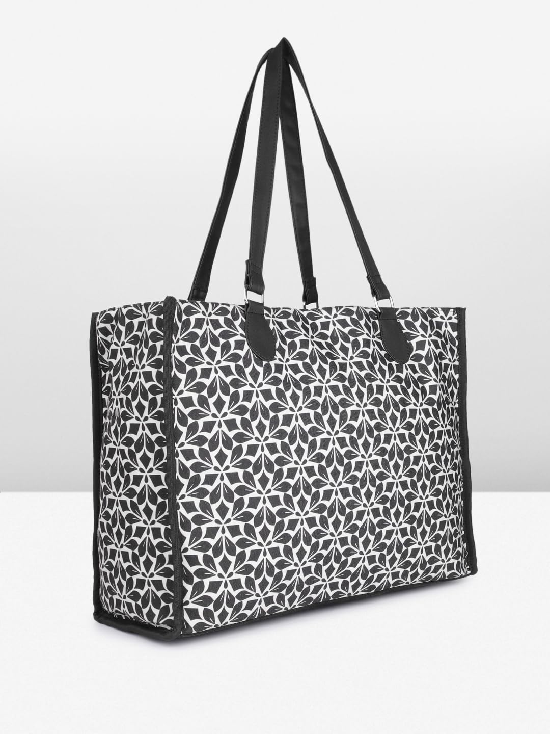 PRIMROSE Floral Pattern Tote Bag, Black and White Print, Double Handle, Large Capacity Shopping Handbag