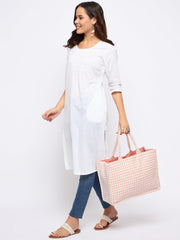 PRIMROSE Cotton Houndstooth Print Tote Bag for Women, Beige and Light Pink