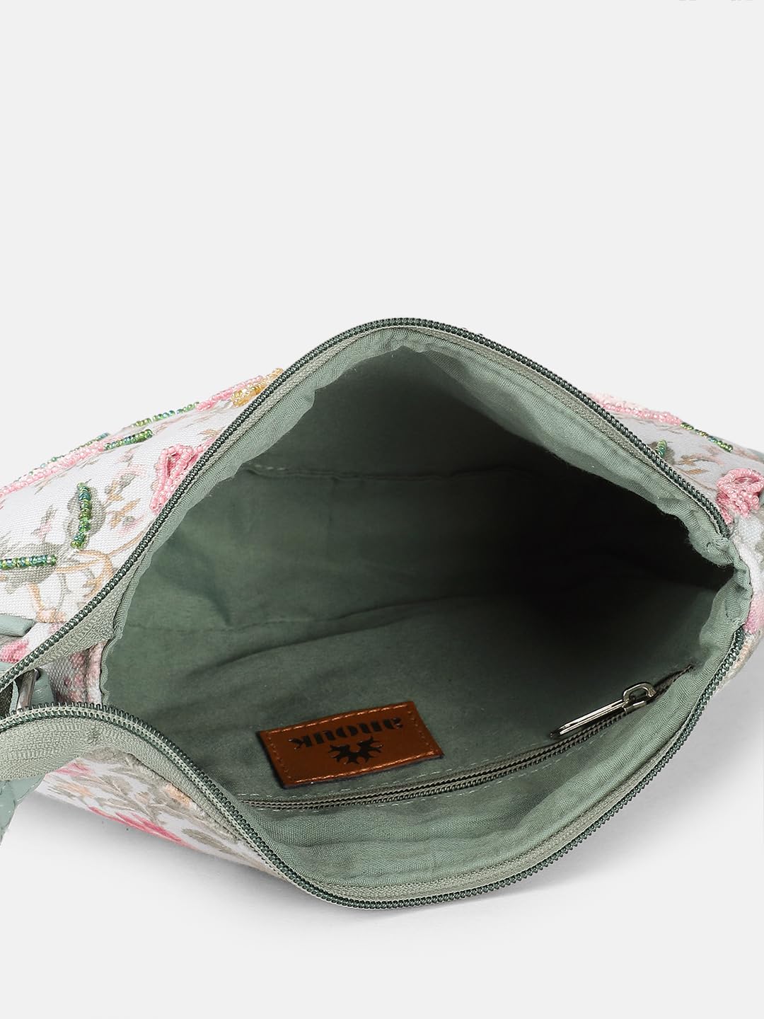Floral Print Crossbody Handbag, Mint Green Trim, White Canvas with Pink Roses