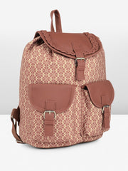 PRIMROSE Floral Pattern Canvas Backpack, Braided Trim, Dual Front Pockets, Pink-Brown