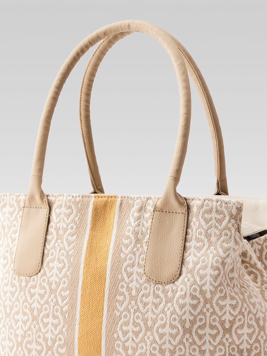 Ladies Jacquard Tote Bag with Gold Stripe, Beige and White Pattern, Double Handle