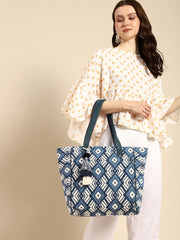 PRIMROSE Geometric Pattern Canvas Tote Bag, Navy Blue and White, Large Shoulder Bag with Decorative Tassels