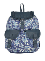 PRIMROSE Floral Canvas Backpack, Navy Blue with White Pattern, Double Buckle Front Pockets