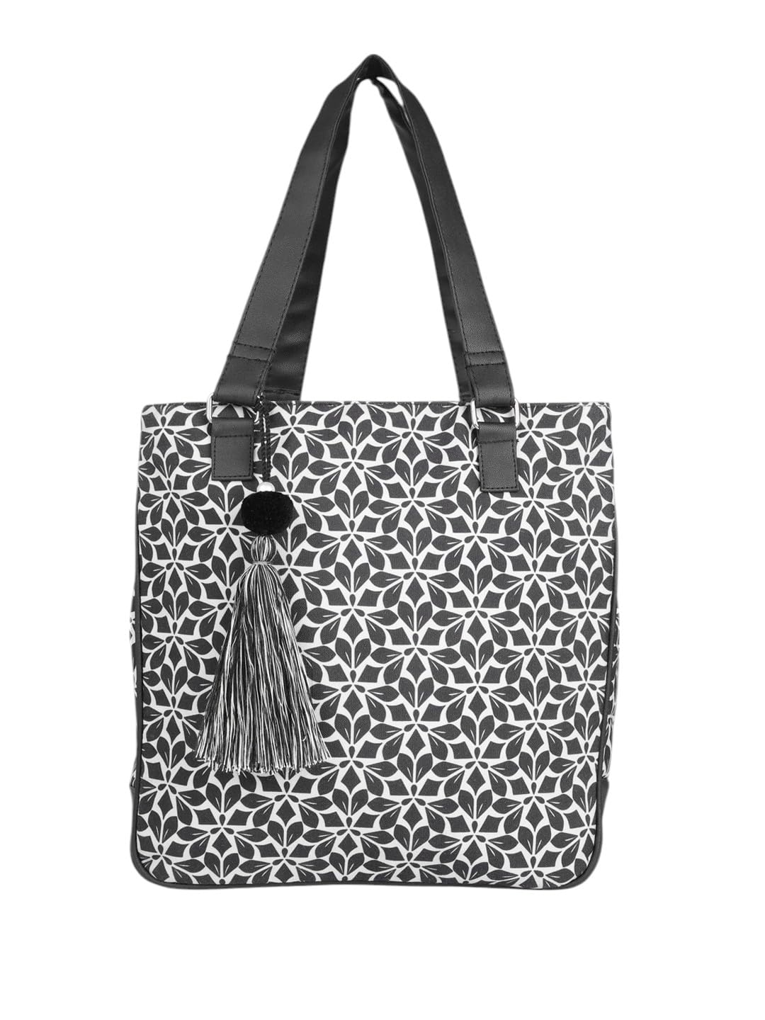 PRIMROSE Floral Pattern Tote Bag with Tassel, Black and White, Double Handle