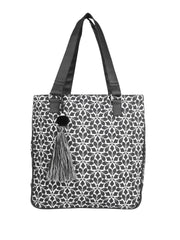 PRIMROSE Floral Pattern Tote Bag with Tassel, Black and White, Double Handle