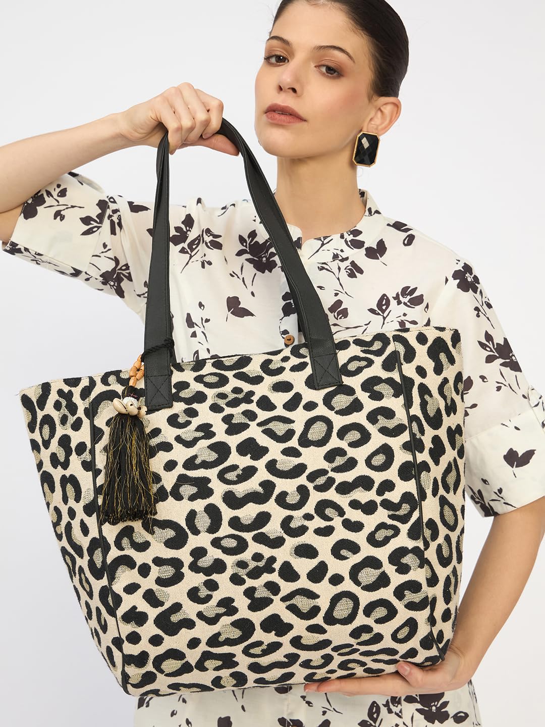 RIMROCK Leopard Print Canvas Tote Bag with Tassel, Black and White, Large Shoulder Handbag