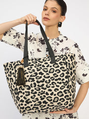 RIMROCK Leopard Print Canvas Tote Bag with Tassel, Black and White, Large Shoulder Handbag