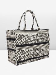 PRIMROSE Black and White Geometric Pattern Canvas Tote Bag for Women